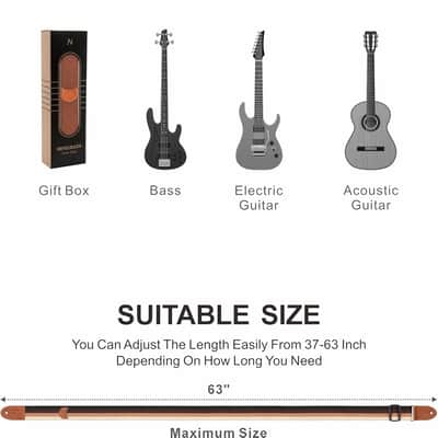 Guitar Strap, Cotton Full Grain Leather Ends Guitar Straps with Pick Pocket for Bass, Electric & Acoustic Guitar, Come with Free Strap Button, 1 Pair Strap Locks and 4 Guitar Picks image 7