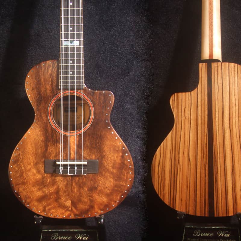 5 String Tenor Ukulele, Handmade Solid Acacia, Zebra wood, Cutaway, Soft-bag, Bruce Wei UC17-2731 image 1