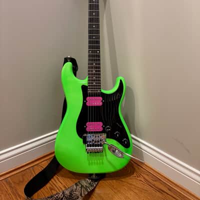 Unbranded Strat-style HH guitar with Floyd Rose - Neon Green image 1