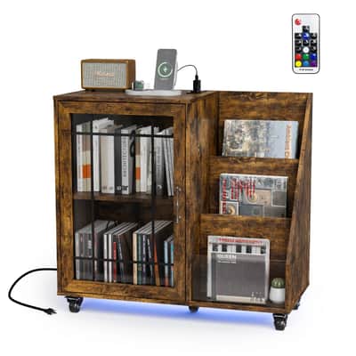 Record Player Stand – Holds Up to 300 Albums with Power Outlets, USB Ports & 7-Color LED Lighting image 5
