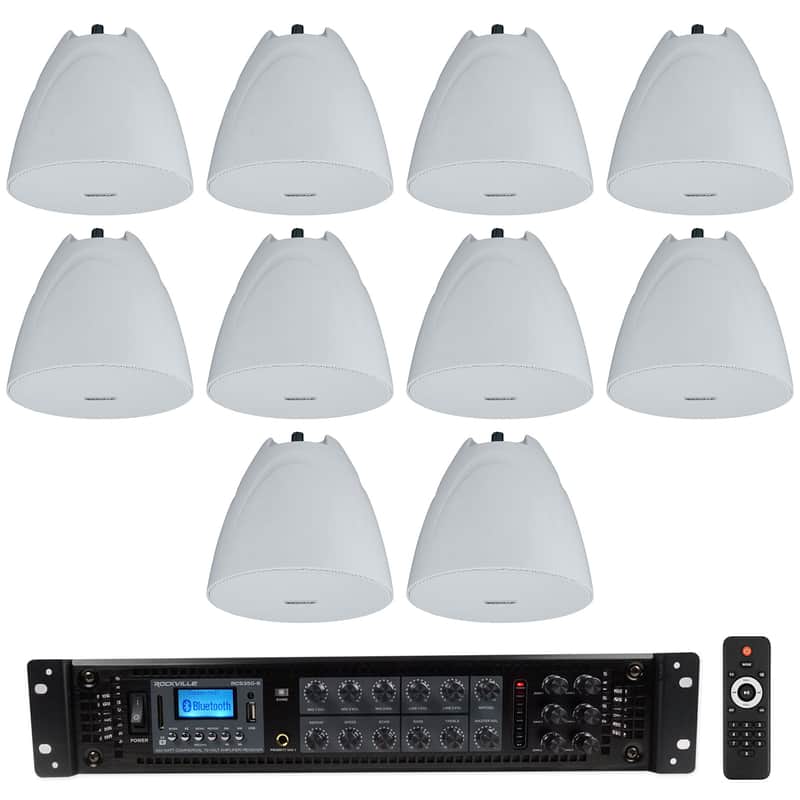 Rockville RCS350-6 Commercial Amp+10 White 5.25" Pendant Speakers For Restaurant image 1