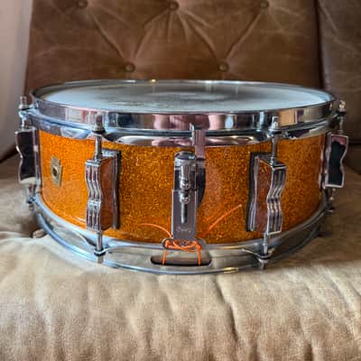 Vintage Ludwig Jazzfestival 14x5 Snare early 60ies (pre serial keystone badge) - Orange/Gold Sparkle image 2