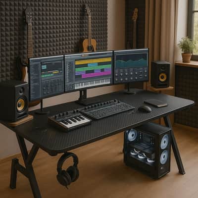 Music Producer Studio Desk – 40" Carbon Fiber Workstation for Home Studios, Heavy-Duty PC and Monitor Support, with Cable Management, Headphone Hook, and Cup Holder image 2