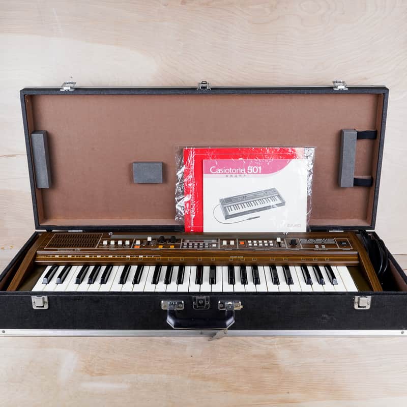 Casio CT-501 Casiotone 49-Key Synthesizer 1980s Natural Woodgrain 100V Vintage Japan w/ MS-1 Barcode Reader, Test Charts, Manual, Hard Case image 1