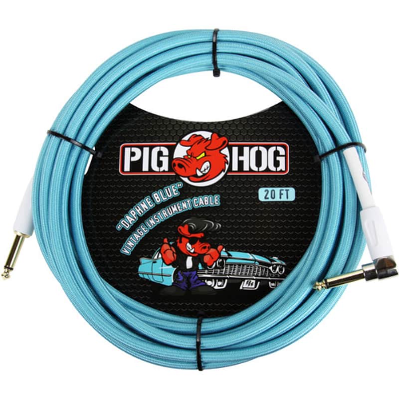 Lifetime Warranty Pig Hog PCH20DBR Vintage-Series Instrument Cable, Daphne Blue, 20', Right Angle image 1