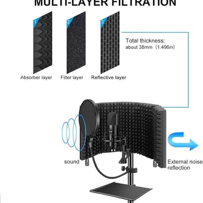 Studio Recording Microphone Isolation Shield with Pop Filter & Tripod Stand, High Density Absorbent Foam to Filter Vocal, Foldable Sound Shield image 3