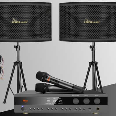 IDOLmain 12" 40000W Full Range Speakers With Bass Booster and 4000W Digital Mixing Amplifier And Dual Wireless Microphones Karaoke System image 1