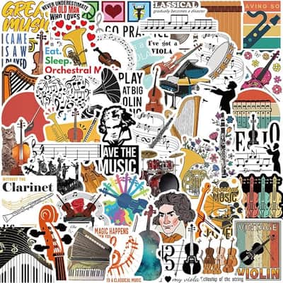 50pcs Orchestral Music Stickers, Musical Instrument Stickers Packs for Water Bottles, Scrapbook Laptop Phone, Vinyl Waterproof Piano Violin Cello Decals for Kids Adults Teens image 1