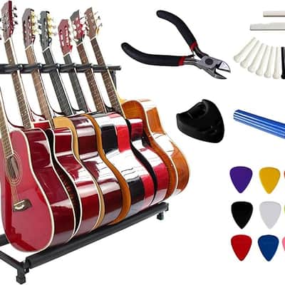 Folding Multiple Guitar Stand for Acoustic Electric Guitar Bass Rack Band Stage,Includes Picks,Pick Holder,String Winder,Bridge Pins,Nut Saddle,String Cutting Plier -7 Holders image 1