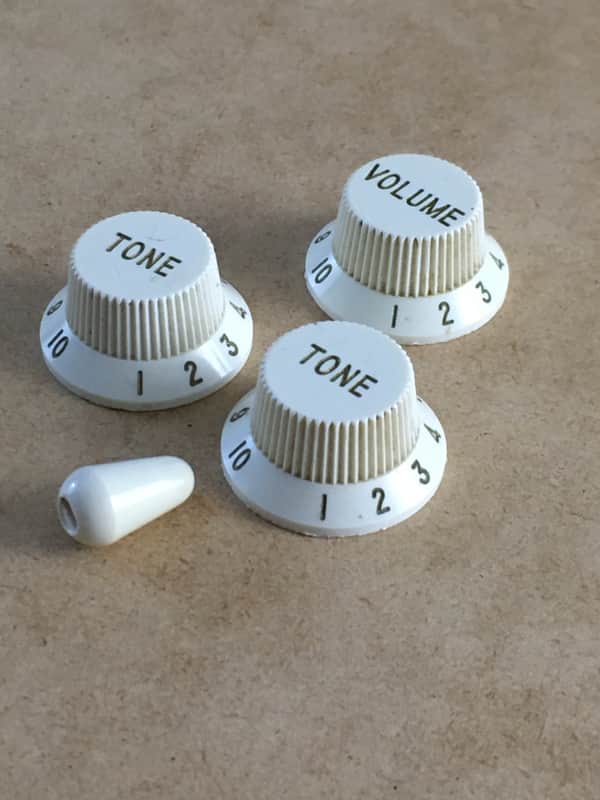 Fender Japan Vintage MIJ Strat Knobs 1980s Natural Relic White + Tip Matching Set image 1