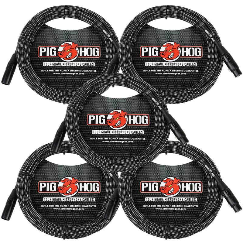 5 Pack Pig Hog PHM20BKW XLR High Performance Black & White Microphone Cable, 20 Ft NEW image 1