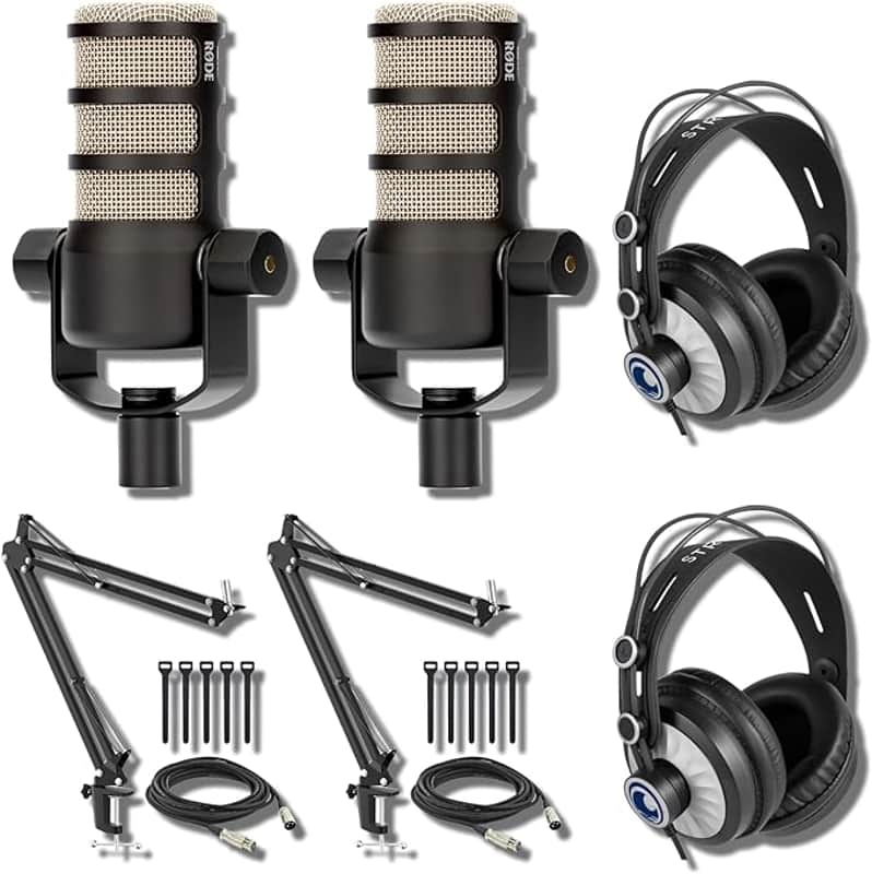 Dynamic Podcast Microphone (Pair) with Mic Arms, Over-Ear Podcast Headphones, XLR Cables and Polishing Cloth image 1