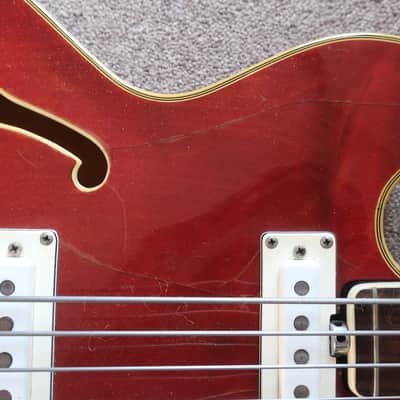 Vintage 1966 Vox Cougar V214 Bass Guitar Cherry Red Very Clean With Case 6/7 Condition Lots Of Finish Checking image 9