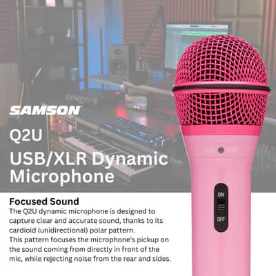 Samson Q2U USB and XLR Handheld Dynamic Microphone with Cardioid Polar Pattern (Pink) Bundle with Desktop Boom Arm Microphone Stand and Pop Filter for Broadcasting and Recording Microphones (3 Items) image 2