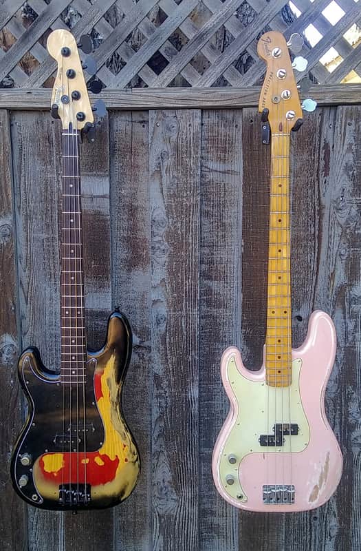 READ!!! 2-4-1 - FENDER - Precision Bass(es) Lefty - 1977 - Burst - Heavy Relic/Shell Pink image 1