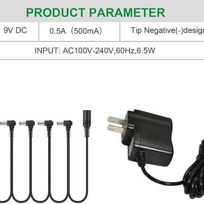 9V DC 0.5A Guitar Pedal Power Supply Adapter with 5 Way Daisy Chain Pedal Cables, 9V DC 500mA Tip Negative 5 Way Daisy Chain Cables for Guitar Effect Pedal image 2