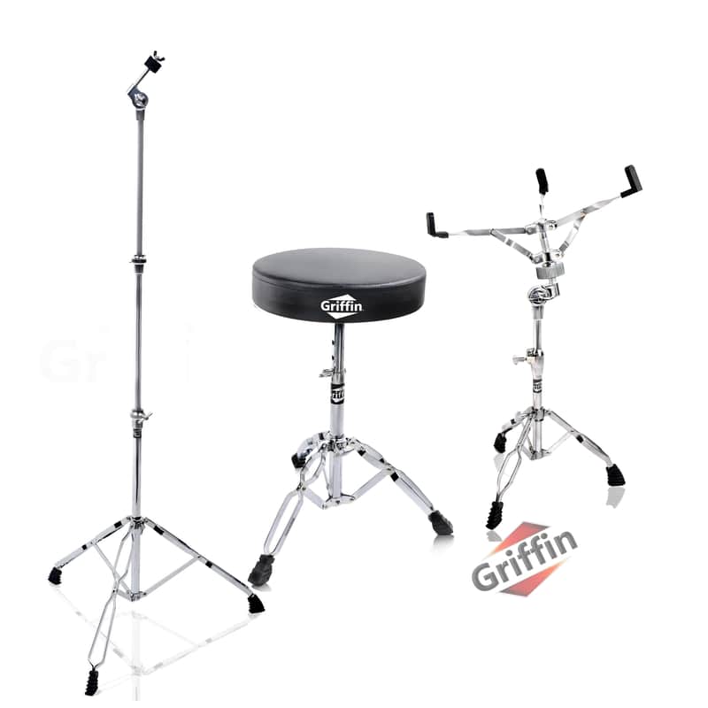 Drummer's Throne Seat, Snare Drum Stand & Straight Cymbal Stand Hardware Set (3 Piece Kit) by GRIFFIN | Comfortable Percussion Chair & Lightweight Mount for Standard Drums, Tom-Toms & Practice Pad image 1