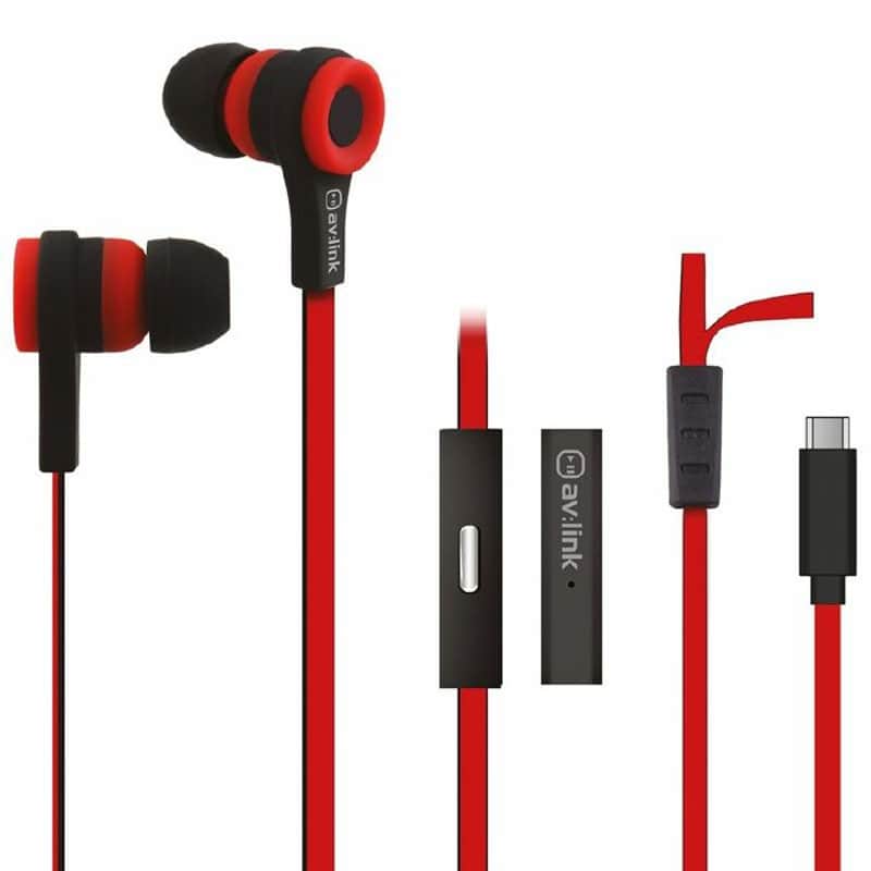 Av:Link Rubberised Stereo USB-C Earphones with Hands Free Mic (red/black) image 1