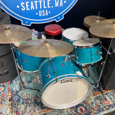 Premier 4-Piece Drum Set, 22", 16", 12" and 14x5.5" Matching Snare Drum, Hardware and Cases, All Original!! 1966 - Aquamarine Sparkle image 1