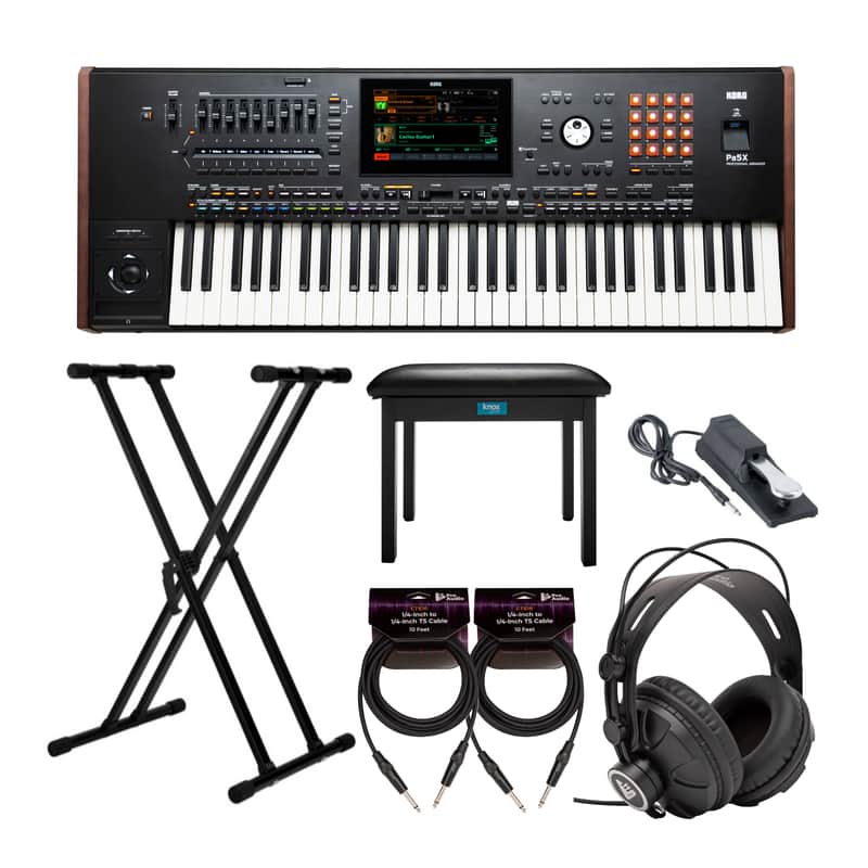 Korg 61-Key Pa5X Professional Arranger Bundle with Adjustable Keyboard Stand, Flip-Top Bench, Closed-Back Headphones, Sustain Pedal, and 1/4 Inch TS Cables (7 Items) image 1