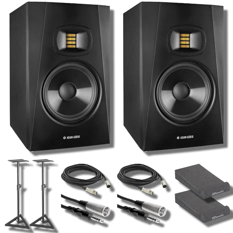 Adam Audio T5V Studio Monitor (Pair) with Frameworks Studio Monitor Isolation Pads, On-Stage SMS6000-P Studio Monitor Stands, XLR Cables, Stereo Interconnect Cables and StreamEye Cloth image 1