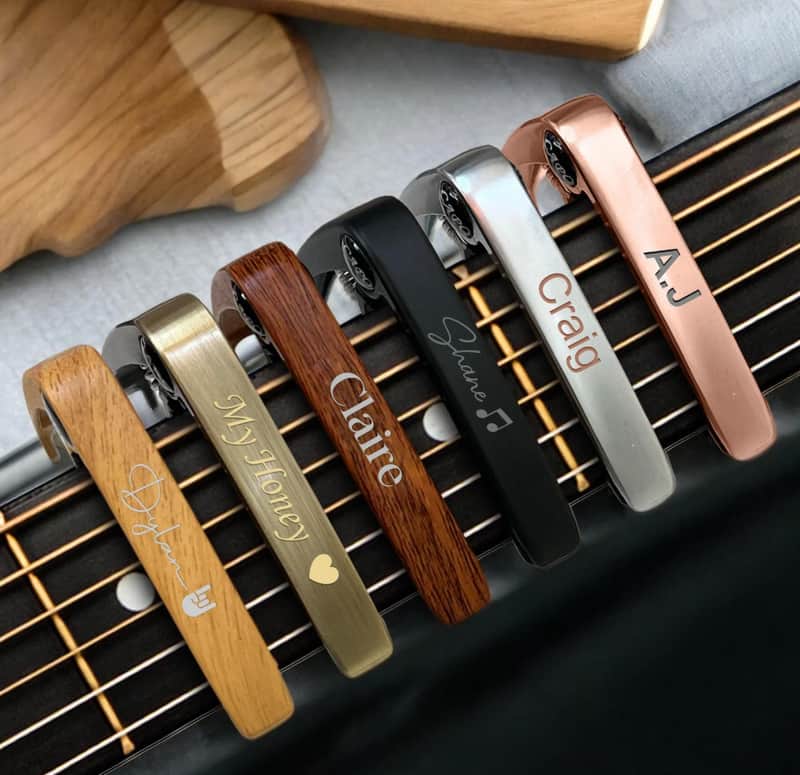 Personalized Metal Guitar Capo Engraved with Name - Fathers Gift for Dad - Music Gift for Dad Custom Capo with Wood Grain image 1