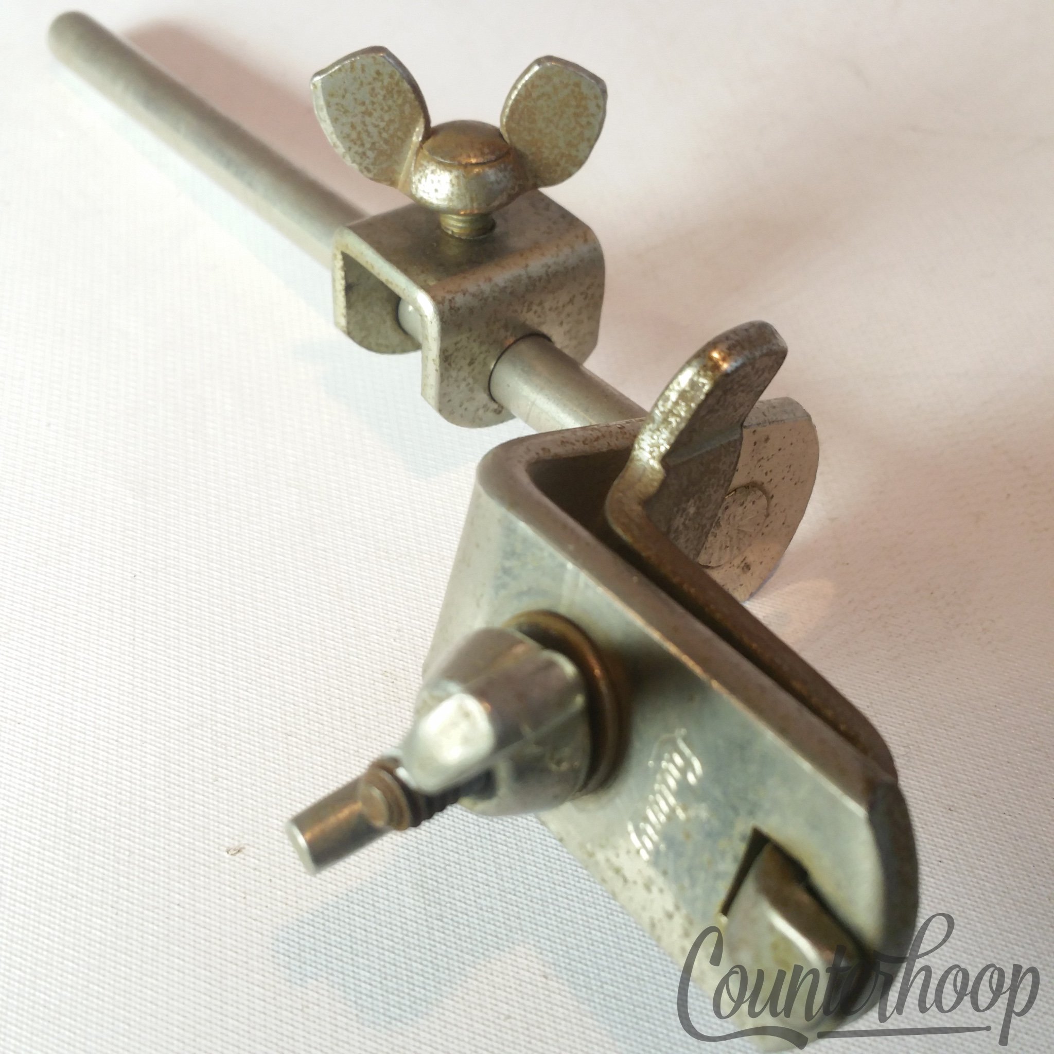 Ludwig Cowbell Mount Rod+Clamp Clamp-On Bass Drum Hoop Nickel Script USA 50s-60s - Excellent / 6.95/24.95 — main photograph
