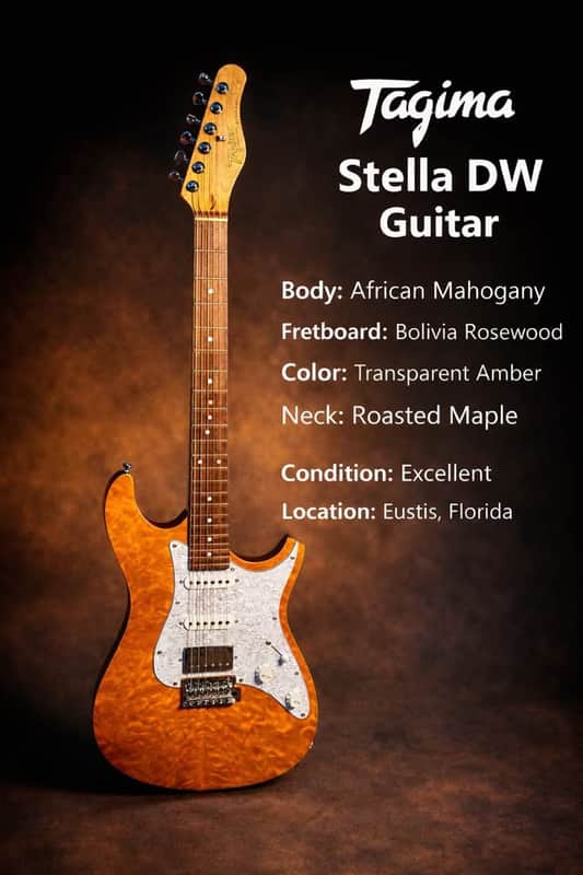 1981 Tagima Stella DW Quilt Top – Orange Flame – HSS – Roasted Maple Neck – Excellent image 1