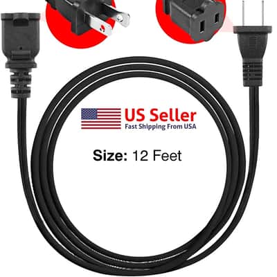 5Core Power Cord Cable 2-Prong Male-Female Extension AC 2-Prong Male-Female Power Cable 12 Foot EXC BLK 12FT 6PCS image 2