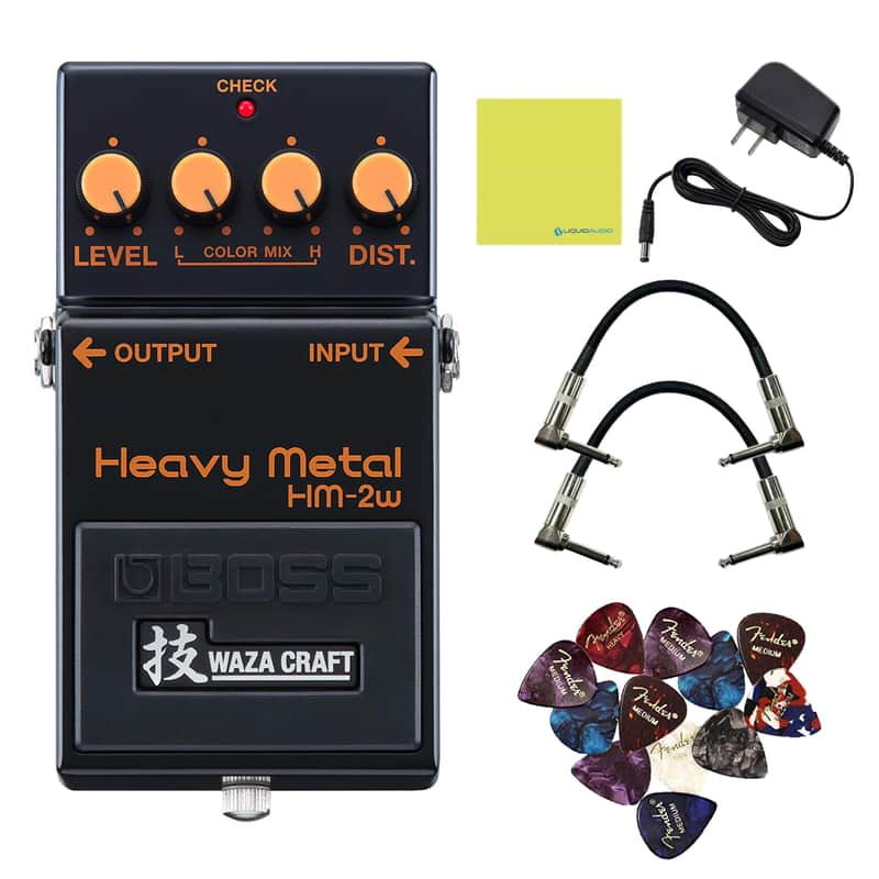 Boss HM-2W Waza Craft Heavy Metal Distortion Pedal Bundle with 2 Right Angle Patch Cables, 12 Guitar Picks, 9V Adapter & Polishing Cloth – Iconic Chainsaw Tone, Vintage & Custom Modes image 1