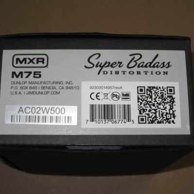 lightly handled - some imperfections MXR EMPTY BOX ONLY for M75 Super Badass Distortion (NO pedal / NO paperwork) specifically from 2015 (2010s - 2020s) - BOX: Black Cardboard / LABEL: Light Gray & Black/ GRAPHIC: Silver image 7