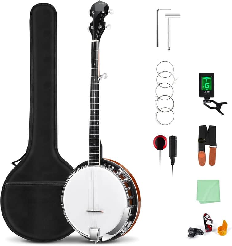 LEFT-HANDED Banjo 5 String Mahogany Open Back Banjo with Resonator, Drum Head, Geared 5th String Beginner Kit with Manual, Full Size image 1