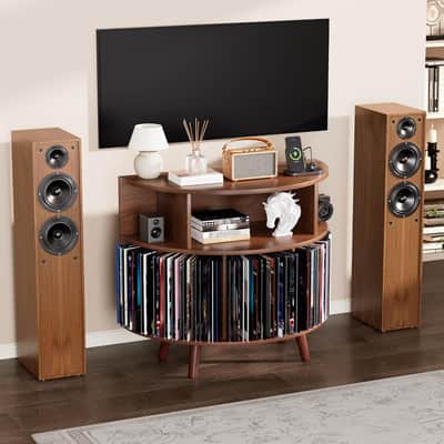31.5" Mid-Century Record Player Stand w/ Power Outlet & 100+ Vinyl Record Storage – Walnut image 6