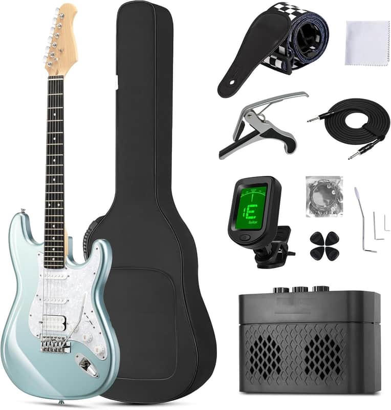 Electric Guitar, 39" Beginner Electric Guitar Kit, Matte Finish, HSS Pickups, Guitar Starter Kit with AMP, Includes Digital Tuner, Strings, Pick, Vibrato Bar, Capo, Strap, Gig Bag, Blue image 1
