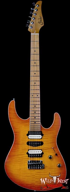 Suhr Custom Modern HSH Flame Top Genuine Mahogany Body Roasted Maple Neck Satin Honey Burst 7.70 LBS image 1