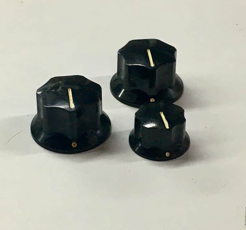 3 Fender Vintage Reissue Cosmo USA Relic Black Jazz Bass Knobs Fits 1/4” Pots Aged Guitar image 1