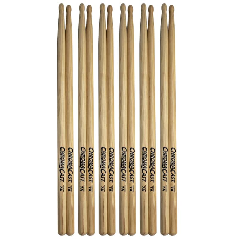 ChromaCast 7A USA Made Natural Hickory Wood Tip Drumsticks, 6 Pairs image 1