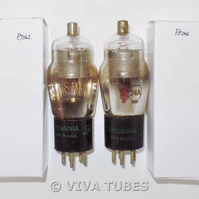 NOS Date Matched Pair Sylvania USA Type 24A Silver Mesh Plate Vacuum Tubes image 2