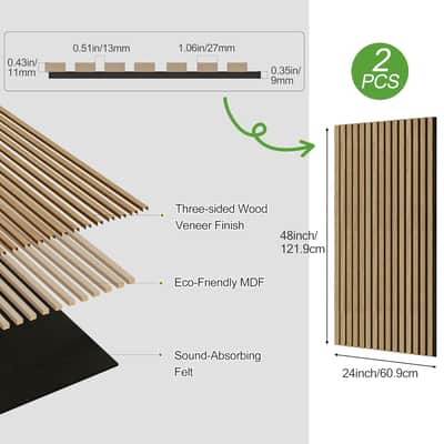 2 Pack Wood Panels For Wall, 48" X 24" Wood Slat Acoustic Panels, Acoustic Wall Panels For Interior Wall Decor, Sound Absorbing Wall Panels For Noise Reduction And Decoration, Ashen Oak image 3