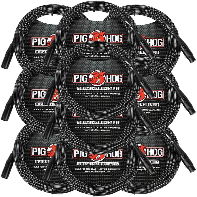 10 Pack Pig Hog PHM20BKW XLR High Performance Black & White Microphone Cable, 20 Ft NEW image 1