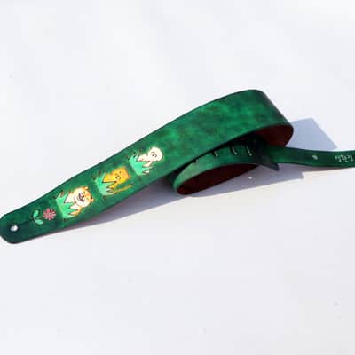 burnyblack custom made guitar strap - animals in forest leather/green image 3