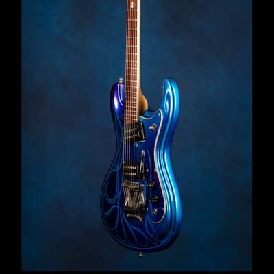 Mosrite [Vibramute Model] specially built for Mick Mars of Mötley Crüe by Semie Mosely 1991 Metallic blue/purple with flame pinstriping image 12