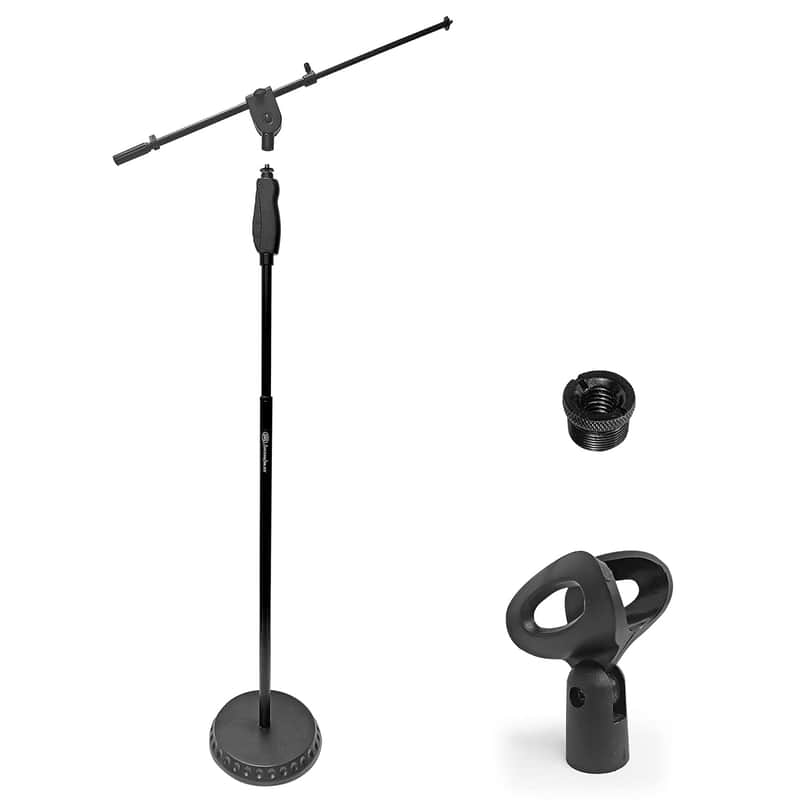 One Hand Microphone Stand With Weighted Heavy Round Base And Quick Grip Height Adjustment - Telescoping Mic Boom Arm Included. Tall Microphone Stand For Singing (Ms-201Rb) image 1