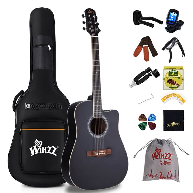 WINZZ 41 Inches Acoustic Cutaway Guitar Package for Beginners Students Kids - Black image 1