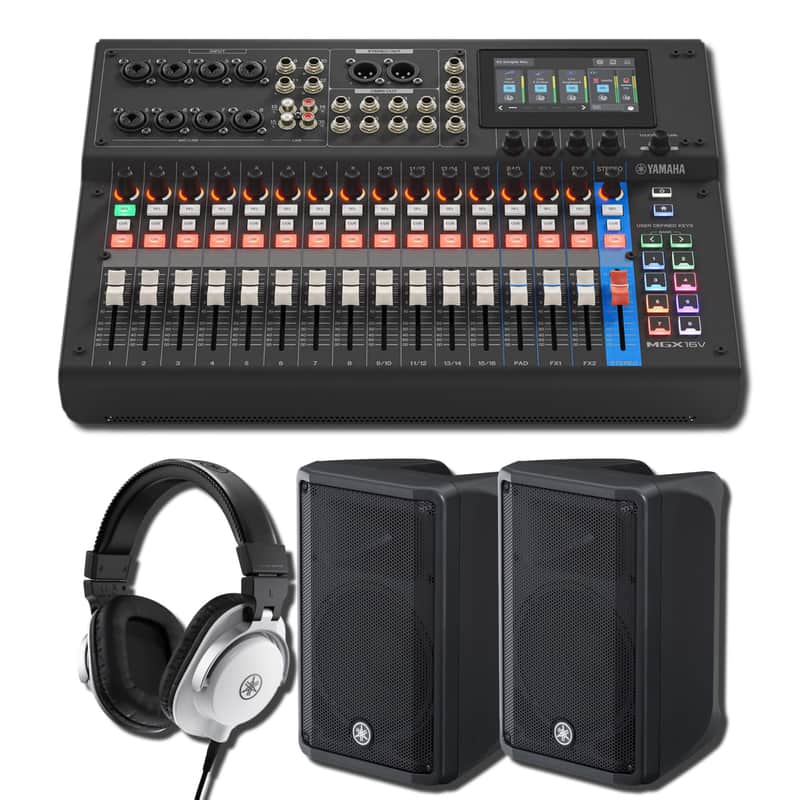 Yamaha MGX16V B 22-Channel Digital Mixing Console with HDMI-USB 4K Video Interface, Pair of DBR10 700W Powered Speakers, and HPH-MT5W White Studio Headphones image 1