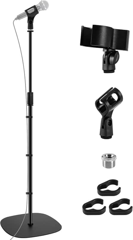 Microphone Stand Floor, 22"-70" Height Adjustable Boom Mic Stand with Weighted Base, 2 Clips & 3/8'' to 5/8'' Adapter image 1
