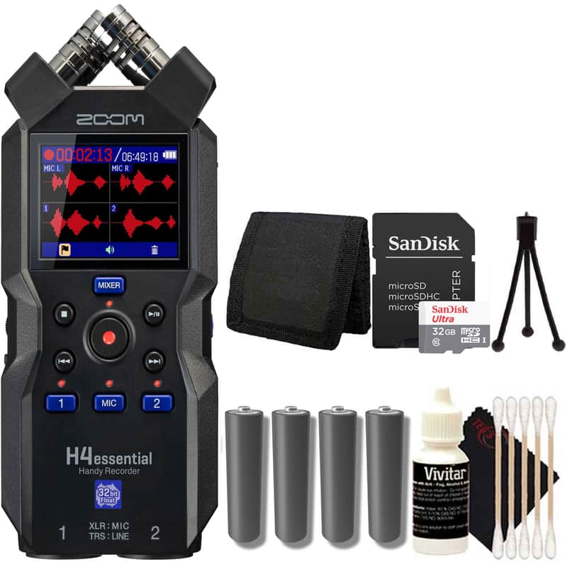 Zoom H4essential 4-Track Handy Recorder + Memory Card Wallet + 5pc Cleaning Kit + 2x Panasonic Alkaline 2 "AA"  Batteries + SanDisk 32GB Ultra UHS-I microSDHC Memory Card with SD Adapter image 1