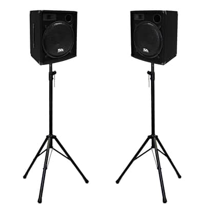 Pair of 15" Compact DJ / PA Speaker Cabinets and Tripod Stands - PA/DJ Package image 1