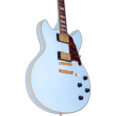 D'Angelico Deluxe Series Limited Edition DC Non F-Hole Semi-Hollowbody Electric Guitar Regular Matte Powder Blue Tortoise Pickguard image 5