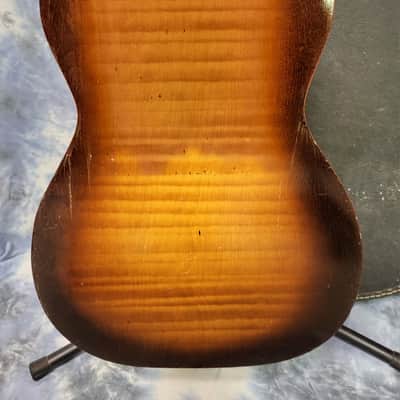 Vintage 1963 Regal by Harmony Stella 3/4 Size Parlor Guitar Faux Tiger Stripe Neck Reset Pro Setup New Strings Original Soft Shell Case image 11